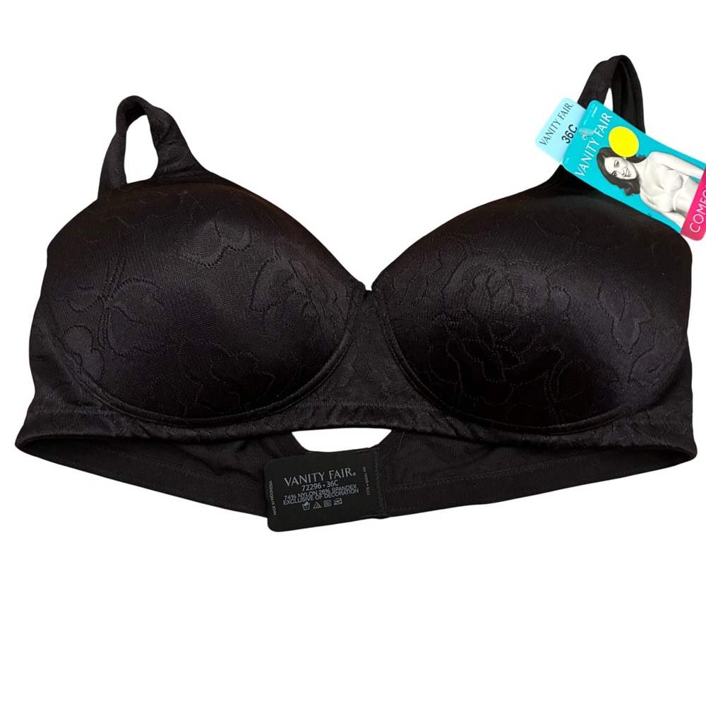 Vanity Fair NWT 36C Perfect T-Shirt Bra Black Comfort Wireless Floral NEW Satin